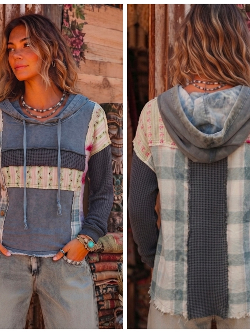Boho Patchwork Blue Plaid Hoodie